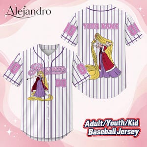 May include: A white baseball jersey with vertical purple pinstripes, featuring a graphic of Rapunzel with long blonde hair on the front and back. The front includes the text Rapunzel and the number 00, while the back displays Your Name.
