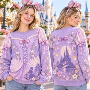 May include: A lavender long-sleeve sweatshirt featuring a printed bodice design with a corset-style lace-up front, bows, and floral accents. The back displays a large castle illustration with floating lanterns, surrounded by flowers and a bow.