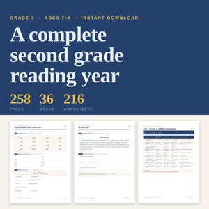 May include: A digital educational resource titled A complete second grade reading year, featuring 258 pages, 36 weeks, and 216 worksheets. The document includes three sample pages showing reading exercises, comprehension questions, and a syllabus table.