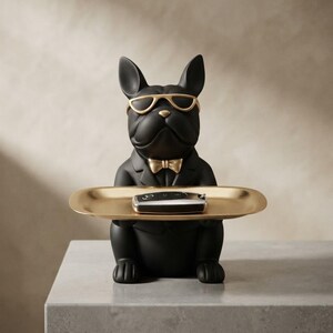 Resin bulldog sculpture catch all tray - Modern entry console organizer, black animal home decor