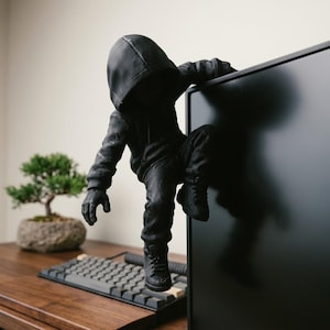 Matte black monitor climber figure, 3D printed screen hanger, minimalist tech desk decor