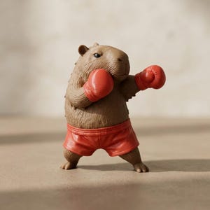 May include: A brown capybara figurine in a boxing stance, wearing bright red boxing gloves and matching red athletic shorts. The figure has textured fur, small rounded ears, and a focused expression, captured in a dynamic pose with one arm extended.