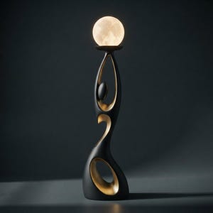 May include: A tall, abstract sculpture lamp featuring a matte black exterior with a smooth gold interior finish. The structure has fluid, organic cutouts and supports a glowing, spherical light orb at the top that resembles a textured moon.
