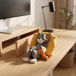 Peut inclure: Une figurine de chat Tom gris et blanc dormant contre un oreiller jaune en forme de fromage, avec une petite figurine de souris Jerry orange reposant contre les jambes du chat. Les personnages sont lisses, mats et de style dessin animé.
