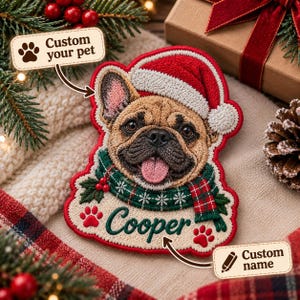 Parche navideño bordado personalizado para mascotas, retrato personalizado de perro o gato con nombre, parche festivo con gorro de Papá Noel para chaquetas, bolsos, regalos para dueños de mascotas