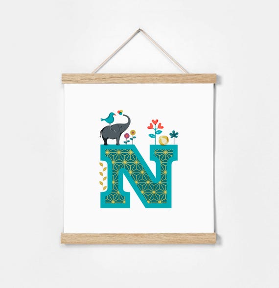 N. Illustrated Alphabet. Frame Included. Illustrations for children's rooms