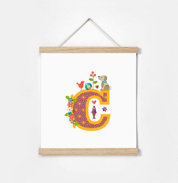 C. Illustrated Alphabet. Frame Included. Illustrations for children's rooms