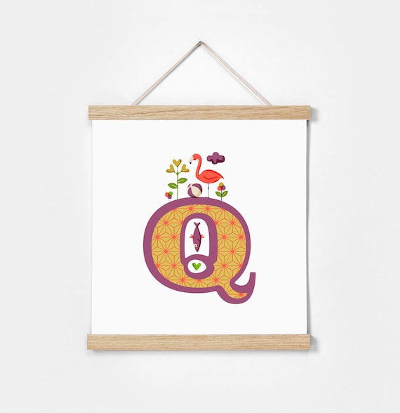 Q. Illustrated Alphabet. Frame Included. Illustrations for children's rooms