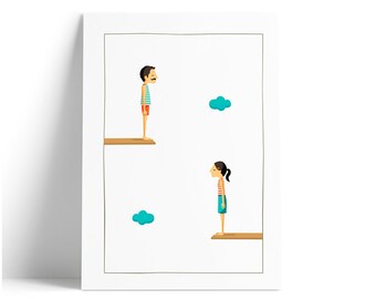 Könnte beinhalten: Eine digitale Illustration eines Mannes und einer Frau, die auf Sprungbrettern stehen. Der Mann trägt ein gestreiftes Hemd, rote Shorts und einen Schnurrbart. Die Frau trägt ein gestreiftes Hemd, blaue Shorts und hat ihre Haare zu einem Pferdeschwanz gebunden. Im Hintergrund befinden sich zwei blaue Wolken.