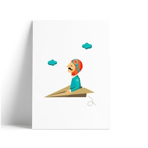 May include: A cartoon illustration of a man wearing a blue jumpsuit and a red helmet with goggles, flying in a paper airplane. The airplane is brown and has a white outline. There are two white clouds in the background.