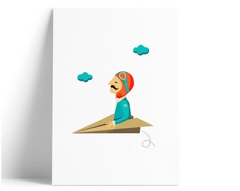 Aviator Illustration Print, Paper Airplane Art