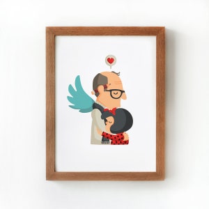 May include: A framed illustration of a man with a blue angel wing hugging a girl. The man is wearing glasses and a scarf. The girl is wearing a red and white patterned shirt. A red heart is above the man's head.