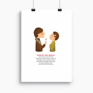 Könnte beinhalten: Eine digitale Illustration eines Mannes und einer Frau, die nebeneinander stehen. Der Mann trägt eine braune Jacke und die Frau eine grüne Jacke. Beide lächeln und halten eine weiße Blume. Der Text "HAROLD AND MAUDE" ist in roten Buchstaben unter der Illustration geschrieben. Das Zitat "Well, if you want to sing out, sing out And if you want to be free, be free 'Cause there's a million things to be You know that there are." ist in roten Buchstaben unter dem Text geschrieben.