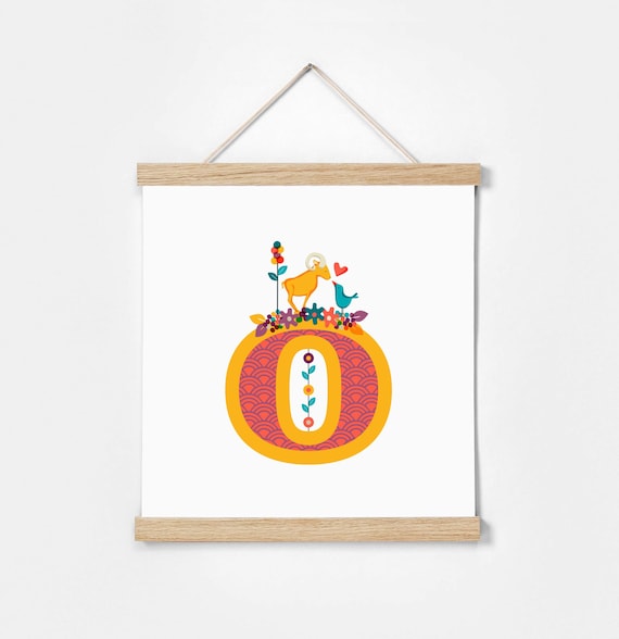 O. Illustrated Alphabet. Frame Included. Illustrations for children's rooms