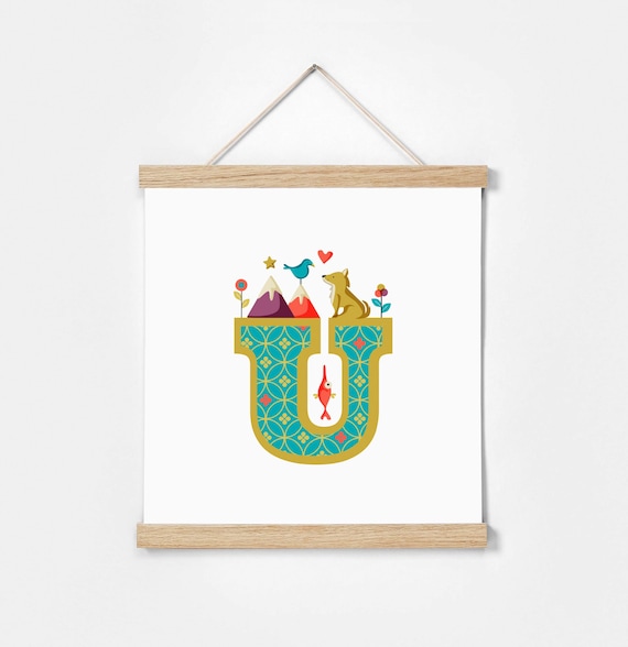 U. Illustrated Alphabet. Frame Included. Illustrations for children's rooms