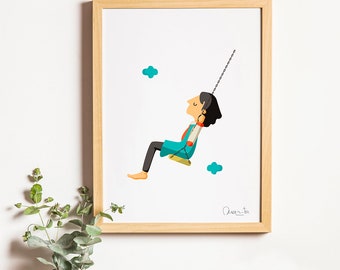 Girl on a Swing print, Illustration to Decorate your Home, Customized Gift, Tutticonfetti.