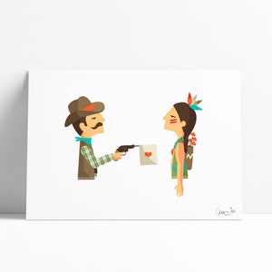 Könnte beinhalten: Eine Cartoon-Illustration eines Cowboys, der mit einer Waffe auf eine indianische Frau zielt. Die Frau trägt ein Kopfschmuck und eine Halskette. Der Cowboy trägt einen Cowboyhut und ein kariertes Hemd. Die Frau hält einen Brief mit einem Herzen darauf. Das Bild ist mit "Aventa" betitelt.
