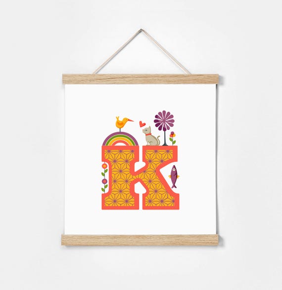 K. Illustrated Alphabet. Frame Included. Illustrations for children's rooms