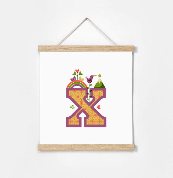X. Illustrated Alphabet. Frame Included. Illustrations for children's rooms