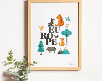 Europe Print, Illustration to Decorate your Home, Custom Gift, Children's Print, Tutticonfetti