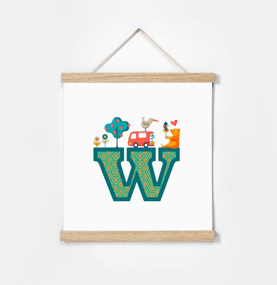 W. Illustrated Alphabet. Frame Included. Illustrations for children's rooms
