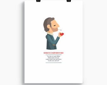 Ilustración de ‘Serge Gainsbourg‘ con frase incluida, Lámina para decorar tu hogar, Regalo personalizado, Tutticonfetti.