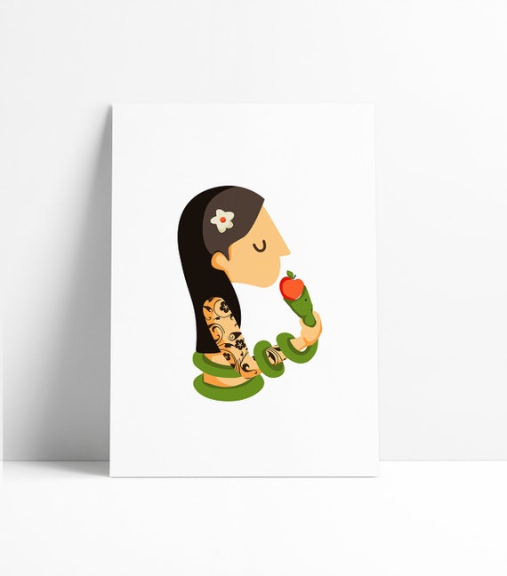 Illustration. Eve and a red apple.  Print A4. Wall art