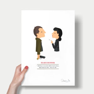 Puede incluir: Una ilustración minimalista de dos personajes de la película Blade Runner. El personaje masculino sostiene un arma y el personaje femenino fuma un cigarrillo. La cita "All those moments will be lost in time, like tears in rain... Time to die" está impresa debajo de los personajes. La firma del artista "Quanta" está en la parte inferior de la imagen.