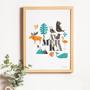 May include: A framed print with a white background and colorful illustrations of animals and plants. The text "I AM AMERICA" is written in black letters.