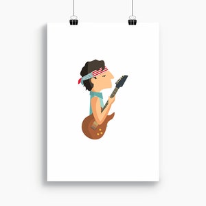May include: A poster featuring a cartoon illustration of a musician playing a brown electric guitar. The musician wears a blue tank top and a headband with an American flag design. The poster is held by two black binder clips.