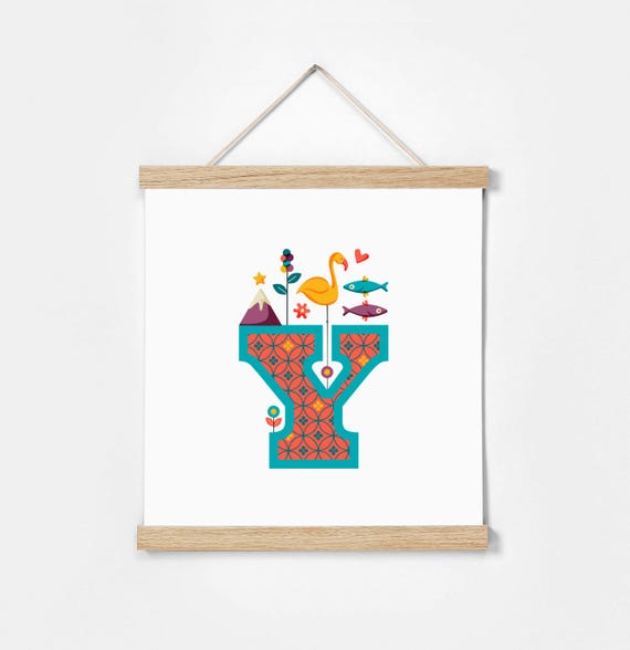 Y. Illustrated Alphabet. Frame Included. Illustrations for children's rooms