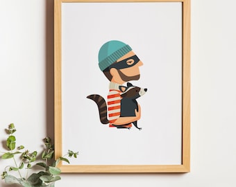 Thief and Raccoon print, Illustration to Decorate your Home, Custom Gift, Tutticonfetti.