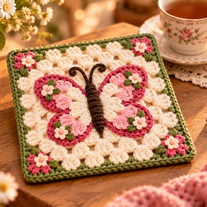 May include: A square crochet granny square featuring a central three-dimensional butterfly with dark brown yarn body and pink and white wings. The square is bordered in sage green with small pink and white crocheted flowers with pearl centers.