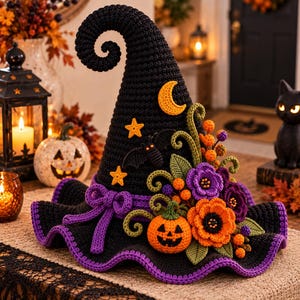 Puede incluir: Un sombrero de bruja de ganchillo negro con la punta curvada, decorado con una luna creciente amarilla, dos estrellas amarillas, un murciélago negro, una pequeña calabaza naranja, flores moradas y naranjas, hojas verdes y un lazo morado.
