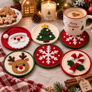 May include: A set of six round crochet coasters featuring festive holiday designs including a Santa Claus face, a Christmas tree, a snowflake, a reindeer, and a candy cane. Each coaster is crafted with colourful yarn in red, white, green, and brown.