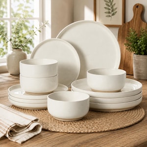 May include: A dinnerware set consisting of off-white ceramic plates and bowls with a subtle speckled finish. The collection includes stacked dinner plates, salad plates, and matching round bowls, all featuring a smooth, matte-textured surface.
