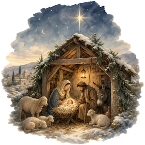 May include: A nativity scene illustration featuring a wooden stable with a glowing lantern, a person in a blue head covering, a person in a brown robe, a baby in a manger, a donkey, and three sheep, all set against a snowy landscape with a bright star.