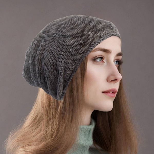 Lightweight linen beanie Summer slouchy knit hat for men women