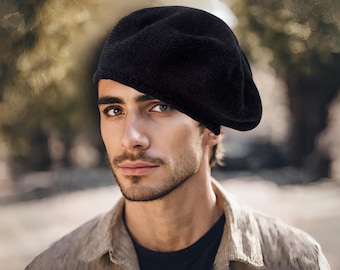 Cotton mens black beret Gift for men hat