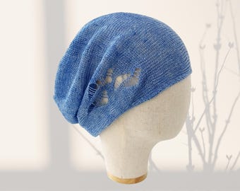Lightweight linen beanie Blue Summer slouchy knit hat for men women