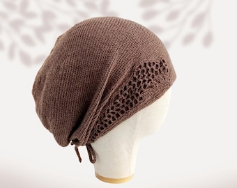 Womens summer linen beanie hat Chemo cap Brown hat cotton