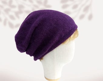 Linen lined alpaca wool hat for big head Purple beanie xxl