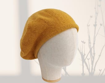 Mustard yellow wool beret handmade knit winter slouchy hat, Warm tam for girlfriend