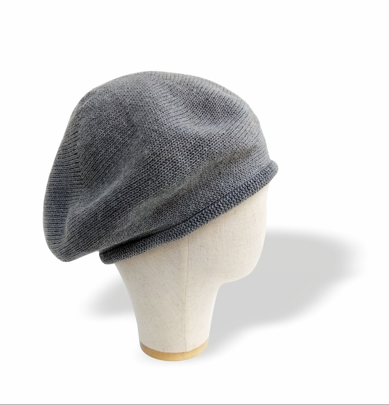 Grey cotton chemo beret for men or women alike. Suitable for for bald women or men as indoor hat. Available in twelve colours and any size head from smallest to big ones.