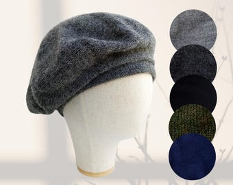 Knitted beret for men Black Alpaca wool beret