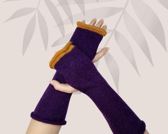 Purple alpaca fingerless gloves Wool mittens for women men