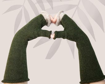 Khaki Fingerless mittens Alpaca arm warmers for women men