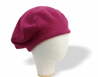 Boina de verano magenta para mujer, boina de crochet de algodón para hombre