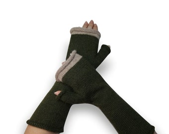 Khaki Fingerless mittens Alpaca arm warmers for women men