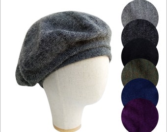 Knitted beret for men Black Alpaca wool beret